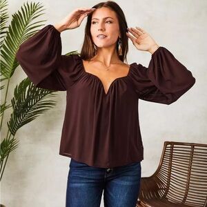 Willow & Root V-Wire Mesh Blouse Top in Chocolate Burgundy Medium Buckle